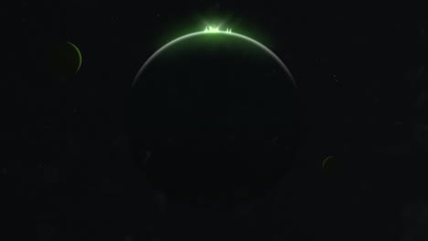 Green-futuristic-light-and-big-planet-in-dark-galaxy