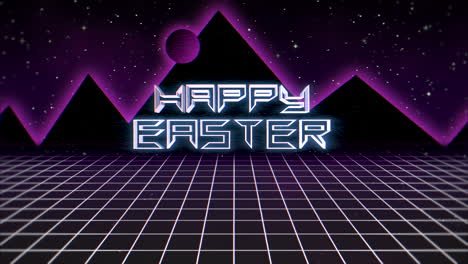 Happy-Easter-with-purple-grid-and-big-peak-of-mountain-in-galaxy