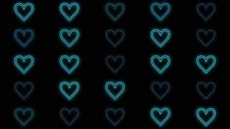 Modern-neon-blue-hearts-pattern-in-rows-on-black-gradient