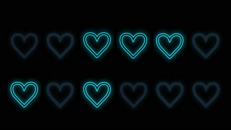 Modern-neon-blue-hearts-pattern-in-rows-on-black-gradient