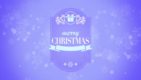 Feliz-Navidad-Con-Caja-De-Regalo,-Nieve-Y-Cintas-En-Degradado-Púrpura