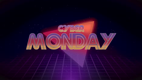 Cyber-Monday-with-retro-triangle-and-purple-grid-in-dark-galaxy