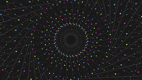 Spiral-Fantasiekreise-Mit-Neonfarbenen-Regenbogenpunkten-In-Dunkler-Galaxie