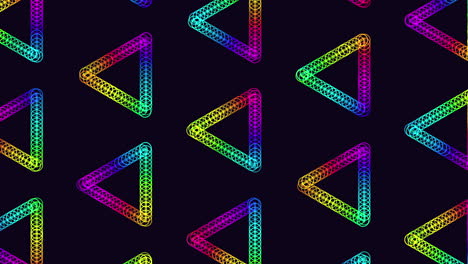 Wiederholen-Sie-Das-Muster-Neonfuturistischer-Dreiecke-Mit-Regenbogenringen-Auf-Schwarzem-Farbverlauf