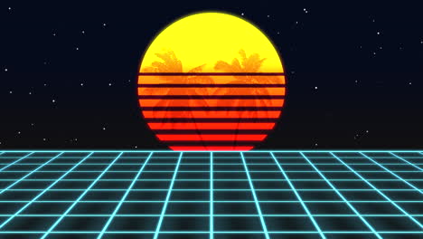 Big-sun-with-summer-palms-and-blue-retro-grid-in-galaxy