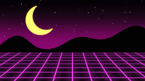 Neon-mountain-and-moon-with-retro-grid-in-galaxy