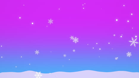 Falling-white-snowflakes-and-snow-on-purple-sky