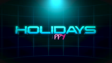 Happy-Holidays-with-retro-grid-and-neon-blue-light-in-dark-galaxy