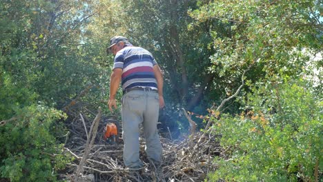 Mann-Schneidet-Holz-Mit-Kettensäge-Im-Garten