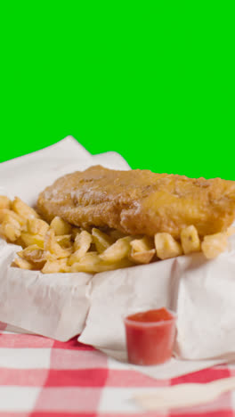 Vertikale-Videostudioaufnahme-Einer-Traditionellen-Britischen-Mahlzeit-Zum-Mitnehmen-Mit-Fisch-Und-Chips-Auf-Grünem-Hintergrund