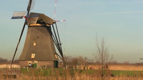 A-woman-pushes-a-baby-carriage-along-a-path-near-a-windmill-in-Holland