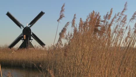 Eine-Windmühle-Dreht-Sich-In-Der-Nähe-Von-Hohen-Gräsern-In-Holland