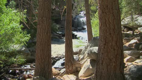 Eine-Bewegende-Aufnahme-Durch-Einen-Wald-Mit-Einem-Idyllischen-Wasserfall-Im-Hintergrund