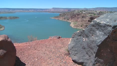 Dolly-shot-of-a-lake-in-the-desert-Southwest