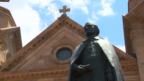 Low-angle-of-St-Francis-basilica-in-Santa-Fe-New-Mexico-1