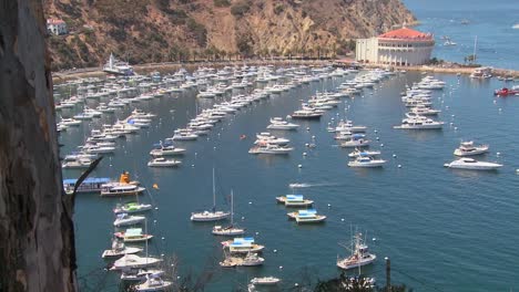 High-angle-wide-overview-of-the-town-of-Avalon-on-catalina-Island-with-the-opera-house-in-background