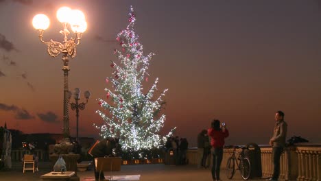Ein-Weihnachtsbaum-Gegen-Die-Dämmerung-Mit-Fußgängern