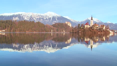 A-church-stands-on-an-island-at-Lake-Bled-Slovenia-2