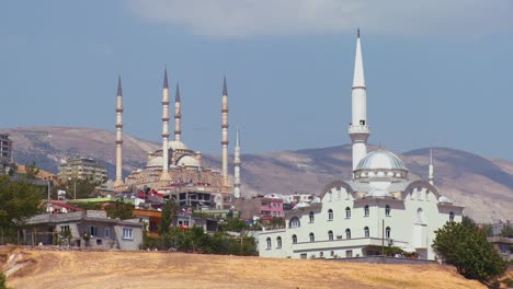 Mosques-stand-out-on-the-horizon-in-a-remote-town-in-Azerbaijan-Georgia-Central-Asia-or-Turkey