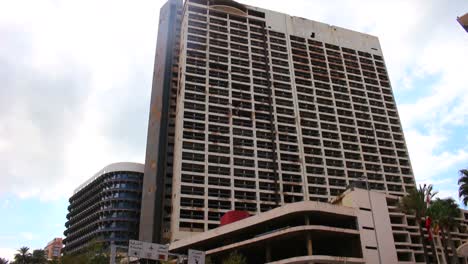 Low-angle-view-of-the-destroyed-Holiday-Inn-in-Beirut-Lebanon-a-memorial-to-the-civil-war