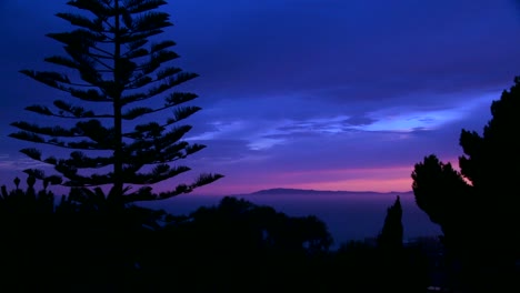 Time-lapse-of-a-silhouetted-trees-with-the-ocean-and-islands-in-the-distance-from-just-after-sunset-to-early-evening