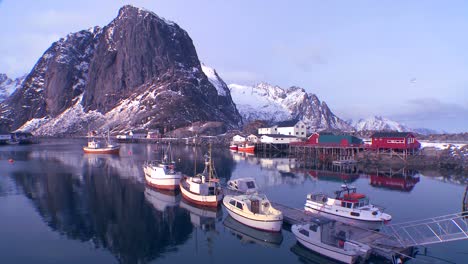 Snow-covers-a-beautiful-view-of-a-harbor--in-a-village-in-the-Arctic-Lofoten-Islands-Norway-2