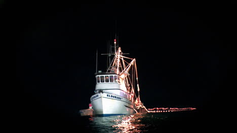 Ein-Fischerboot-Wird-Nachts-Auf-Dem-Wasser-Beleuchtet