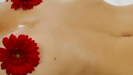 Der-Bauch-Einer-Atmenden-Frau-Und-Blumen,-Die-Ihre-Brust-Bedecken
