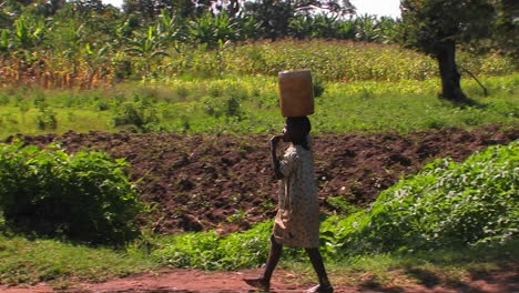 A-woman-walks-along-a-country-road-carrying-a-package-on-her-head