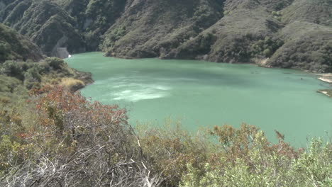 Panning-wide-view-of-water-behind-the-Matilija-Dam-in-Ojai-California