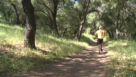 Pan-of-a-man-trail-running-in-the-forest-on-the-Ventura-Río-Preserve-in-Ojai-California