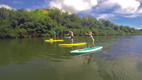 A-family-rows-paddleboards-down-a-river-in-Kauai-Hawaii