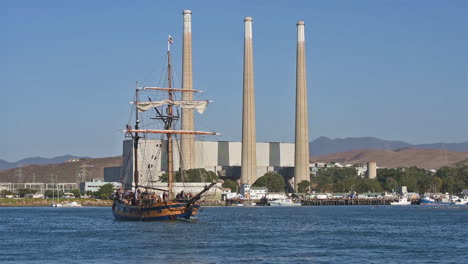 A-tall-ship-sails-past-Morro-Bay-power-plant-California