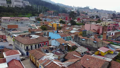 Beautiful-aerial-establishing-shot-of-old-buildings-and-neighborhoods-in-downtown-Bogota-Colombia