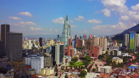 Beautiful-aerial-establishing-shot-of-old-buildings-modern-skyscrapers-Bogota-Colombia