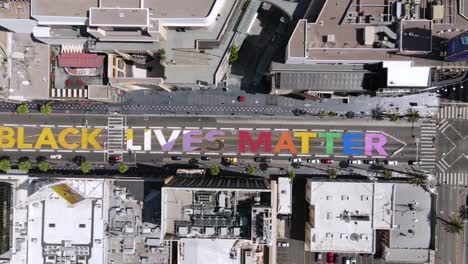 An-Excellent-Aerial-Shot-Of-The-All-Black-Lives-Matter-Mural-Painted-On-Hollywood-Boulevard-In-Los-Angeles-California