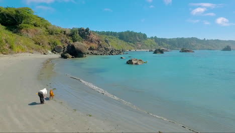 A-woman-plays-with-her-dog-near-Big-Sur-California