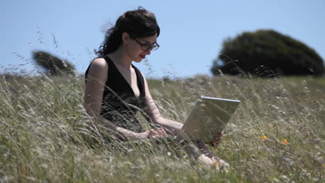 Una-Mujer-Sentada-En-Un-Campo-Usando-Su-Computadora-Portátil