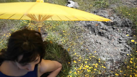 Eine-Frau-Mit-Regenschirm-Liegt-Auf-Einem-Feld