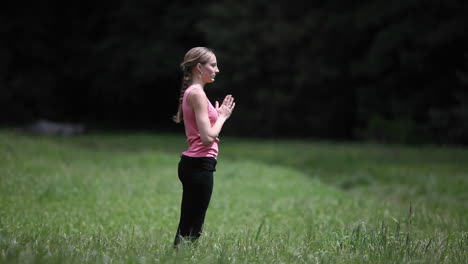 Eine-Junge-Frau-Macht-Yogaübungen-Im-Gras