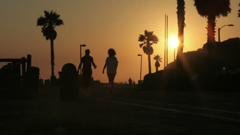 Pedestrians-move-to-and-fro-on-a-silhouetted-beach-front-in-time-lapse