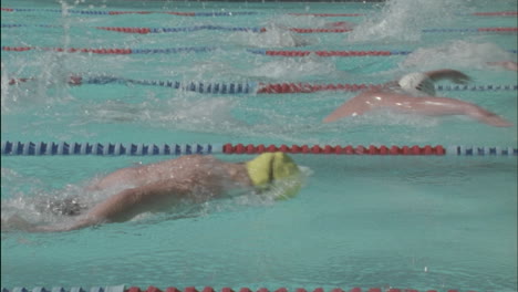 Male-swimmers-compete-in-butterfly-style-race-in-a-swimming-pool