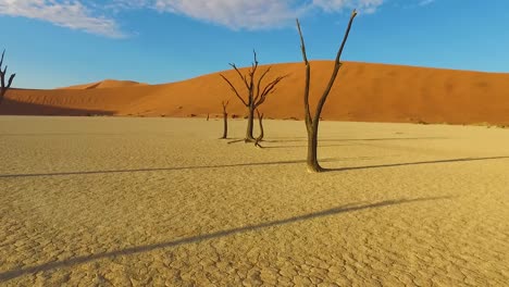 Bewegender-Schuss-Durch-Die-Toten-Bäume-Und-Sanddünen-Des-Sossusvlei-In-Namibia-Afrika