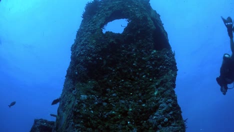 A-diver-swims-around-a-shipwreck-from-a-low-angle