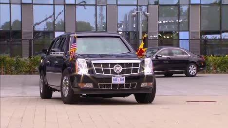 Us-President-Donald-Trump-Presidential-Limousine-Sits-Outside-A-Building-At-The-Nato-Summit-In-Brussels-Belgium