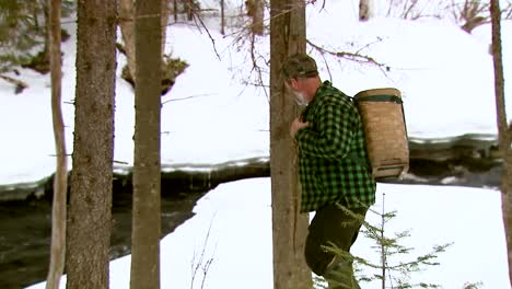 Un-Trampero-Usa-Raquetas-De-Nieve-Para-Moverse-Junto-A-Un-Arroyo-Invernal-En-Vermont