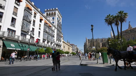 Sevilla-Straße-Mit-Menschen-Und-Kutsche