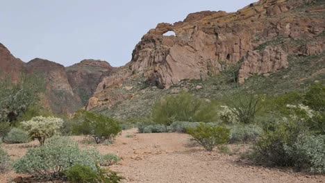 Arizona-Bogen-In-Sandsteinfelsen-Mit-Büschen-Zoom-Und-Pan