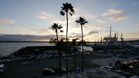 Kalifornien-San-Diego-Abend-Am-Wasser-Mit-Palmen