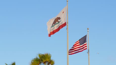 Los-Angeles-Venice-Beach-Boardwalk-Amerikanische-Und-Kalifornien-Staatsflaggen-Mit-Möwen